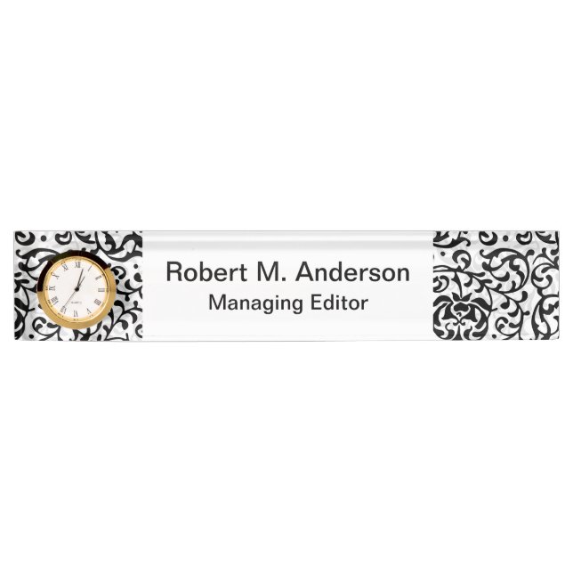 Ultra Elegant Black and White Fancy Floral Damask Nameplate (Front)