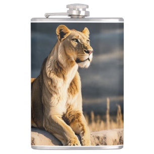 Ultra HD 3D Lioness – Full Body Side Pose on Blac Hip Flask