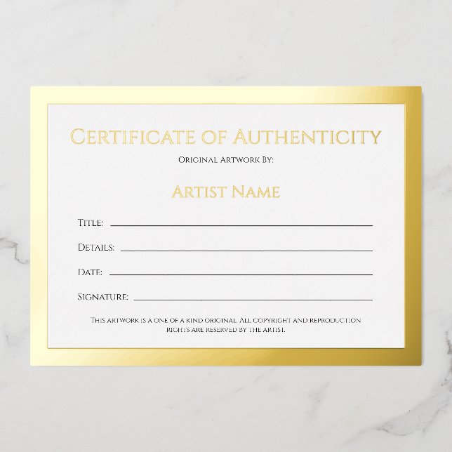 Ultra Luxe Gold Foil Certificate of Authenticity (Front)