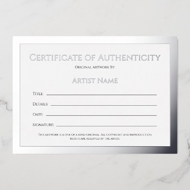 Ultra Luxe Silver Foil Certificate of Authenticity (Front)