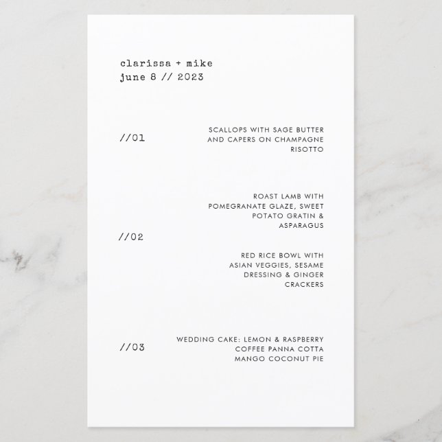 Ultra Minimal Dinner Party Restaurant Wedding Menu (Front)