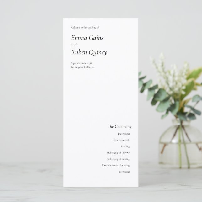 Ultra Minimalist Black and White Wedding Program (Standing Front)