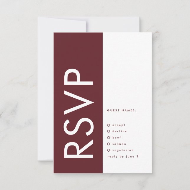 Ultra Modern Bold Burgundy Maroon Monogram Wedding RSVP Card (Front)