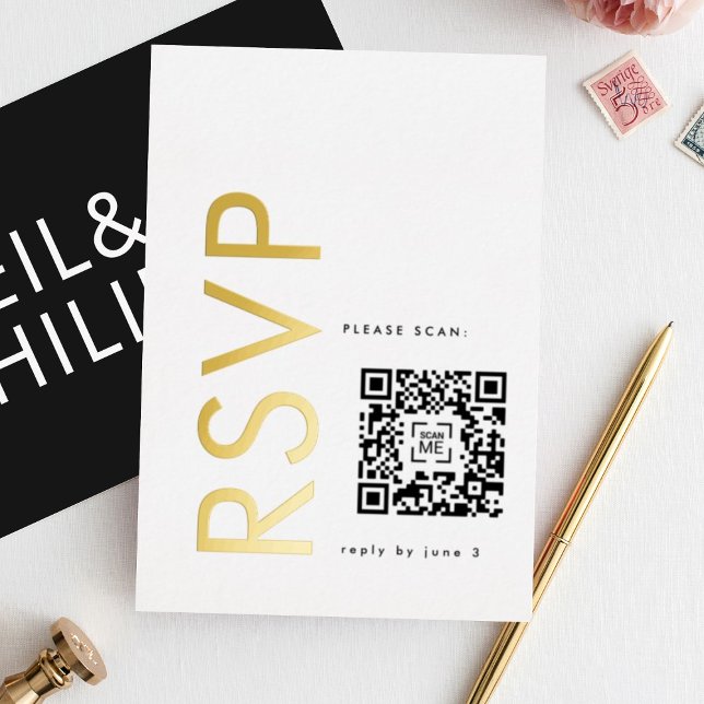Ultra Modern Bold Names 2 x RSVP GOLD (**NB READ PRODUCT DESCRIPTION - DIY FOIL RSVP WITH QR CODE)