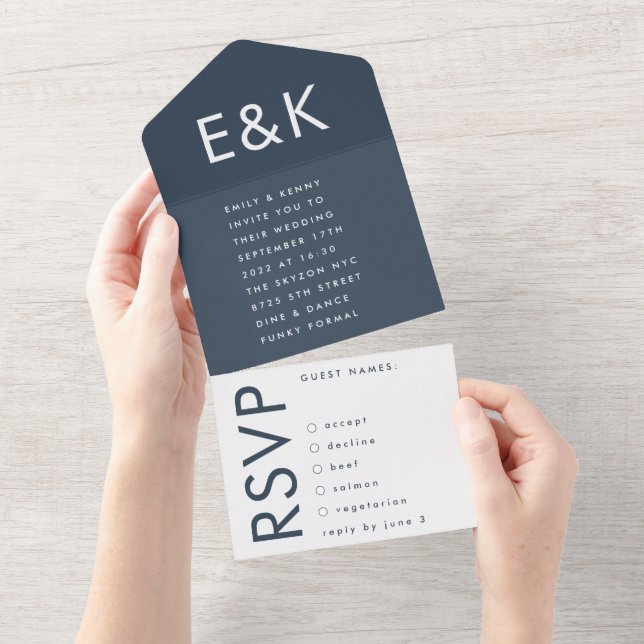 Ultra Modern Bold Navy Blue Monogram Wedding All In One Invitation (Tearaway)