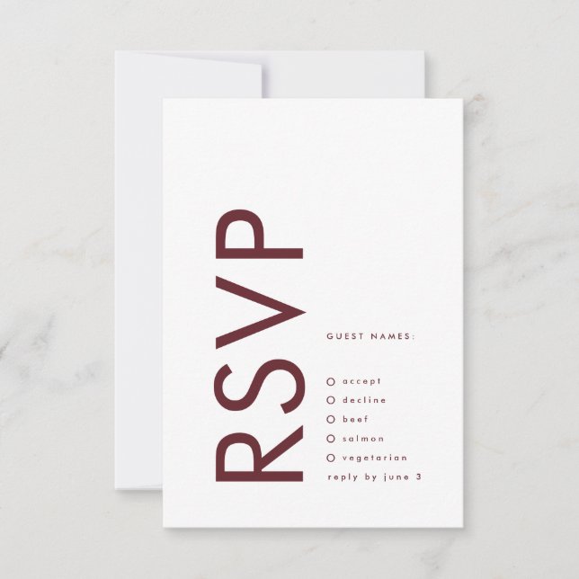 Ultra Modern Burgundy Maroon Monogram Wedding RSVP Card (Front)