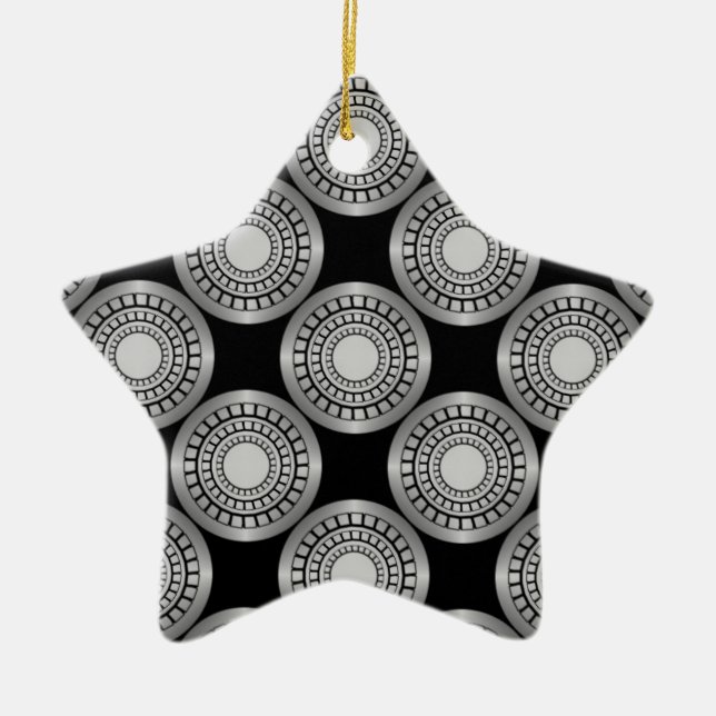 Ultra Modern Circles Star Ornament, Silver Ceramic Tree Decoration (Front)