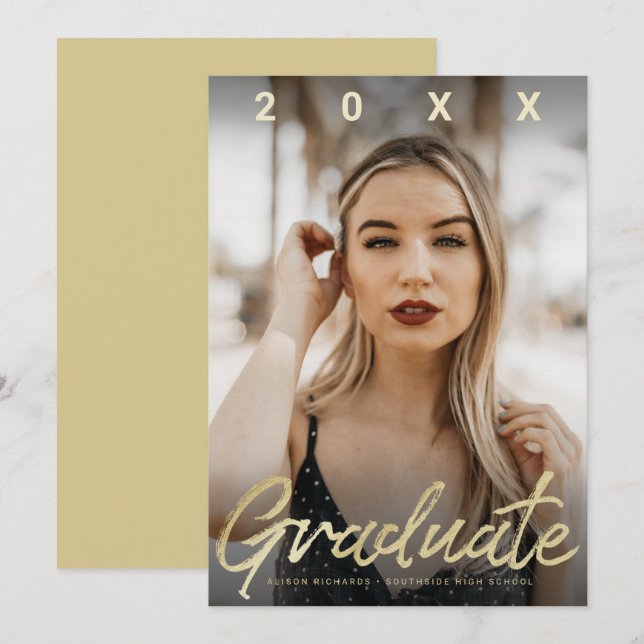 Ultra Modern Graduate Gold Brush Script Photo Card (Front/Back)