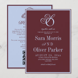 Ultra Modern Wine Red & Ice Blue Monogram Wedding Invitation
