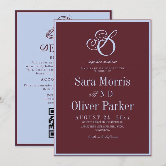 Ultra Modern Wine Red & Ice Blue Monogram Wedding Invitation (Front/Back)