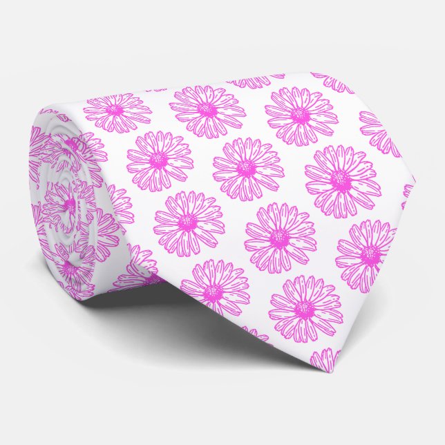 Ultra Pink Daisy Flower Print, Hippie Floral Tie (Rolled)