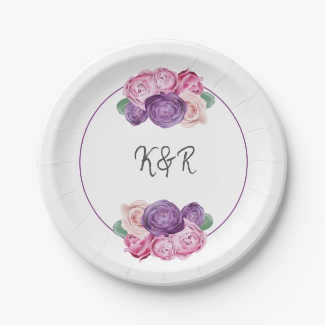 Ultra violet and pink Roses floral Wedding Paper Plate (Front)