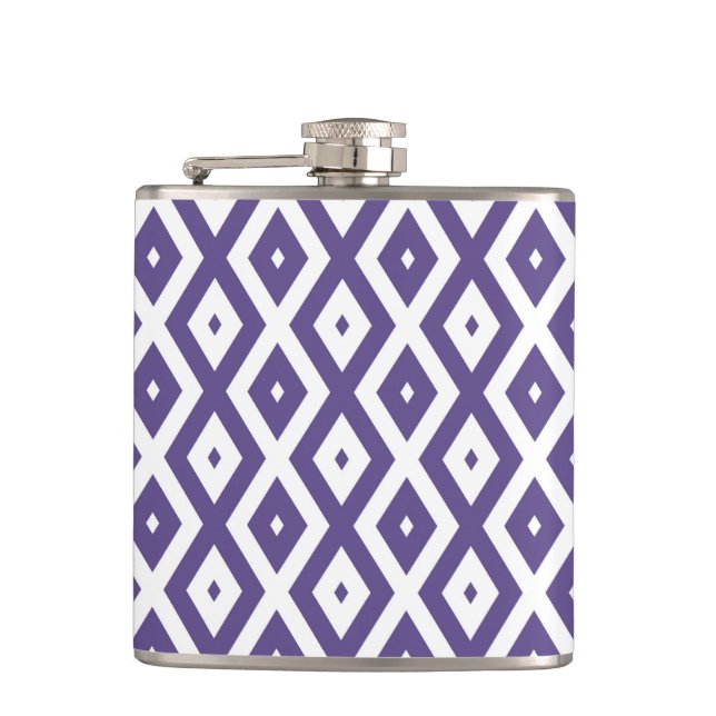 Ultra violet and white diamond pattern hip flask (Front)
