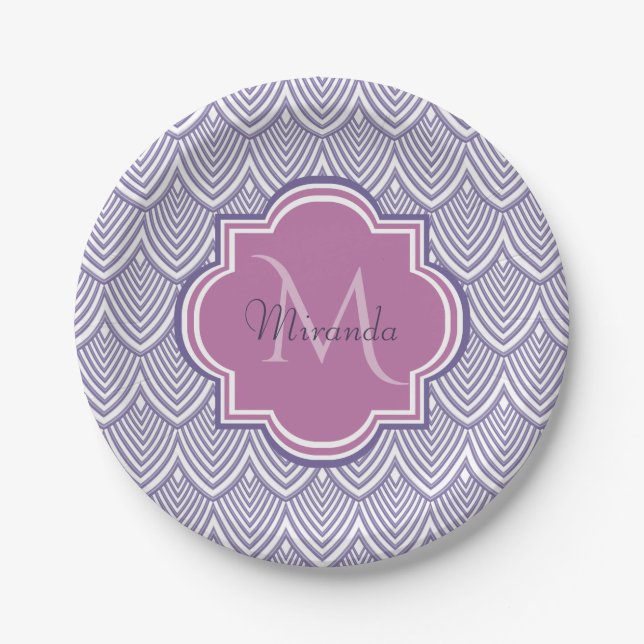 Ultra Violet Arched Scallops Orchid Monogram Name Paper Plate (Front)