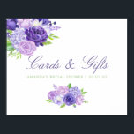 Ultra Violet Bridal Shower Cards and Gifts Sign<br><div class="desc">Watercolor floral bridal shower cards and gifts poster featuring colour of the year 2018 ultra violet with shades of purple. Flowers include hydrangea,  lavender,  peonies and roses.</div>
