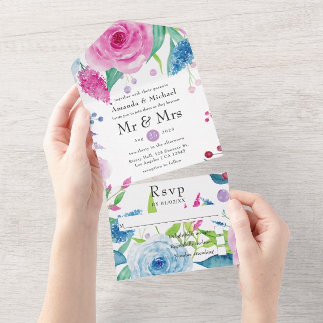 Ultra Violet colour combo Floral Wedding All In On All In One Invitation (Tearaway)