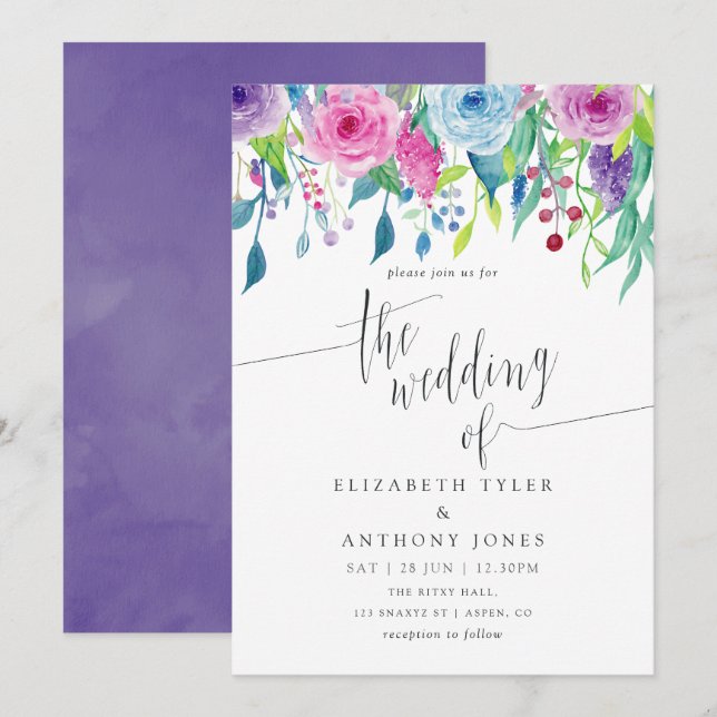 Ultra Violet colour combo Watercolor Floral Weddin Invitation (Front/Back)