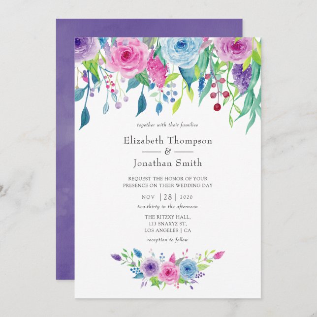 Ultra Violet colour combo Watercolor Floral Weddin Invitation (Front/Back)