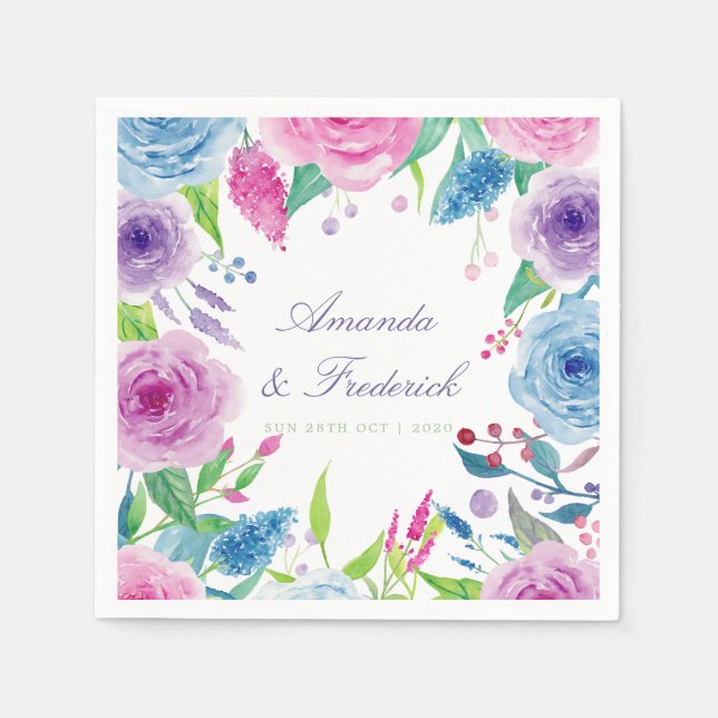 Ultra Violet Colour Combo Watercolor Floral Weddin Napkin (Front)