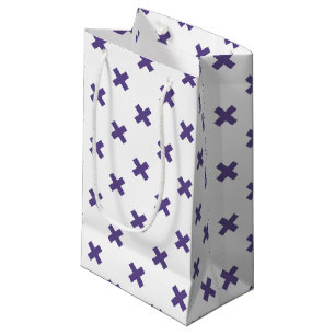 Ultra violet cross stitches on white small gift bag