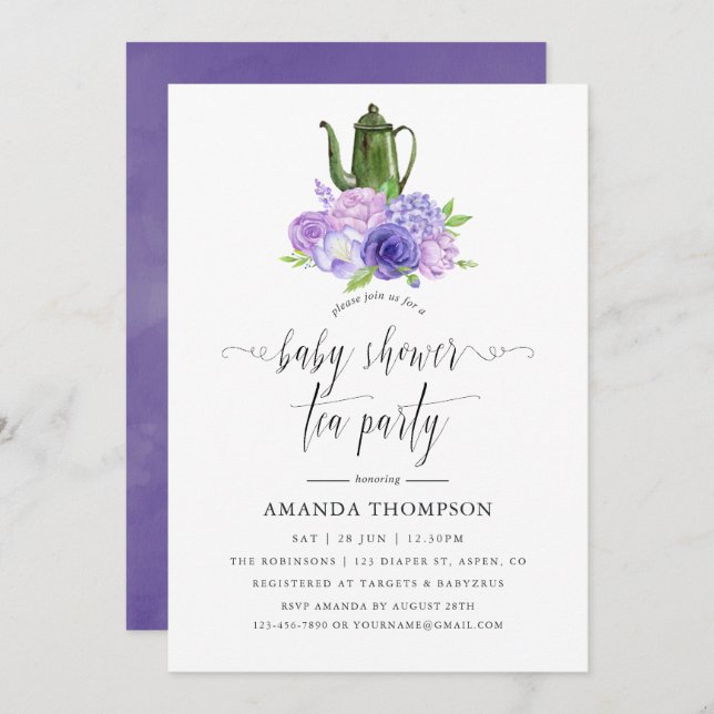 Ultra Violet Floral Baby Shower Tea Party Invitation (Front/Back)