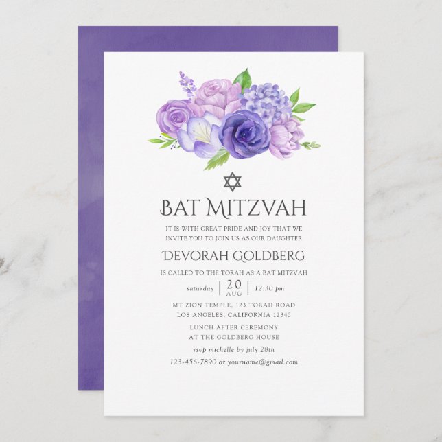 Ultra Violet Floral Bat Mitzvah Invitation (Front/Back)