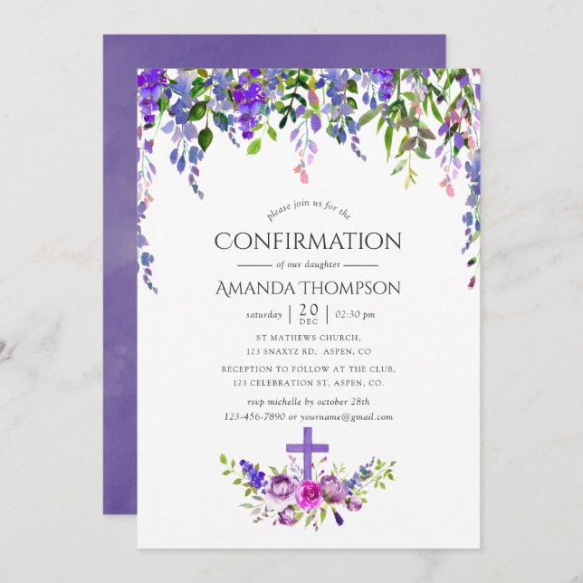 Ultra Violet Floral Confirmation Invitation (Front/Back)
