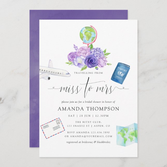 Ultra Violet Floral Miss To Mrs Bridal Shower Invitation (Front/Back)