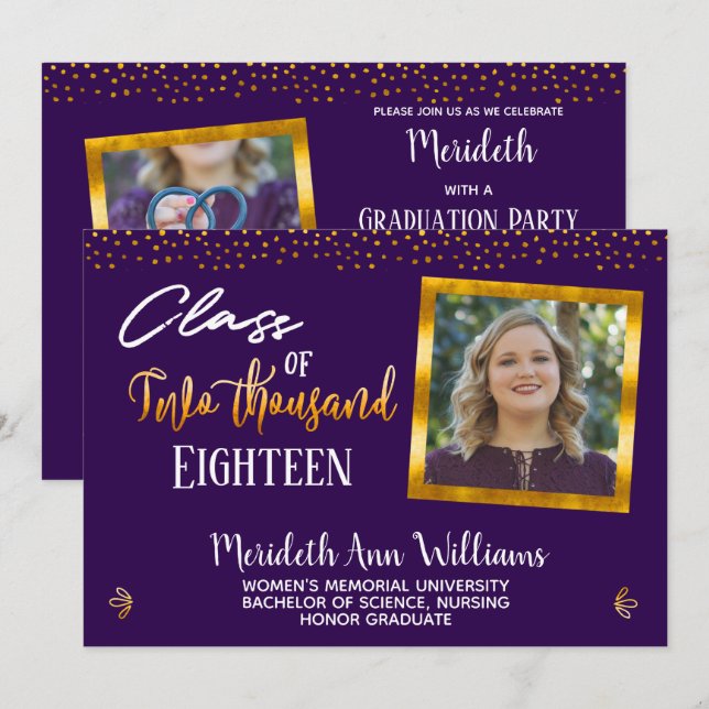 Ultra Violet Gold Confetti Photo Graduation Party Invitation (Front/Back)