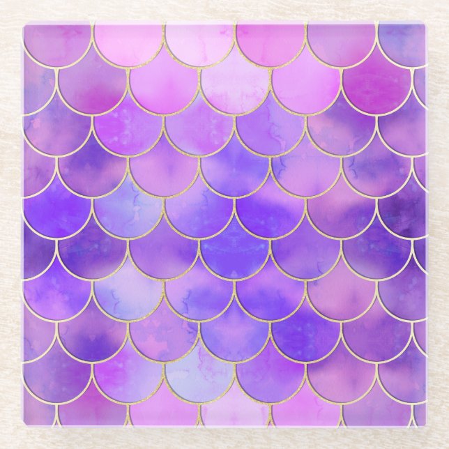 Ultra Violet & Gold Mermaid Scale Pattern Glass Coaster (Front)