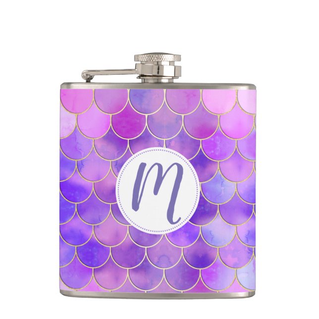 Ultra Violet & Gold Mermaid Scale Pattern Hip Flask (Front)