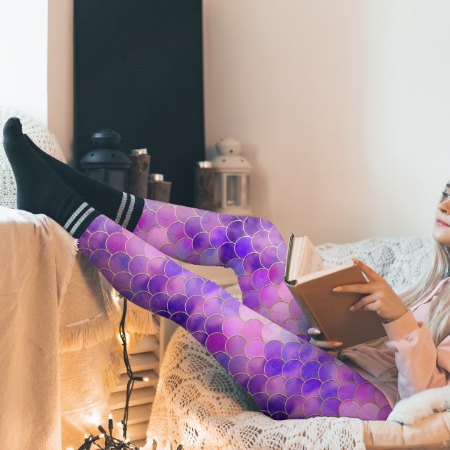 Ultra Violet & Gold Mermaid Scale Pattern Leggings (Violet Purple Pearlescent Mermaid Scale Pattern Leggings)