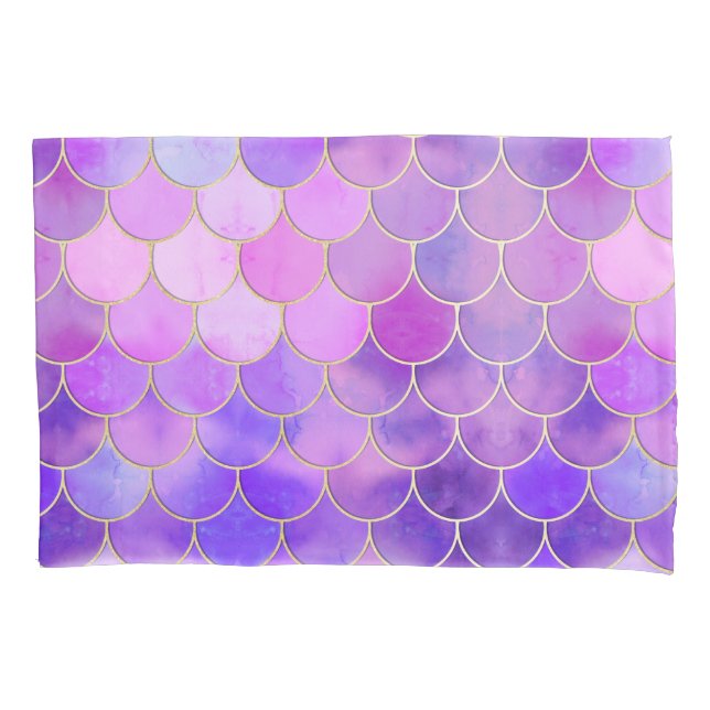 Ultra Violet & Gold Mermaid Scale Pattern Pillowcase (Front)