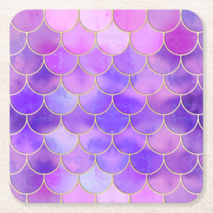Ultra Violet & Gold Mermaid Scale Pattern Square Paper Coaster