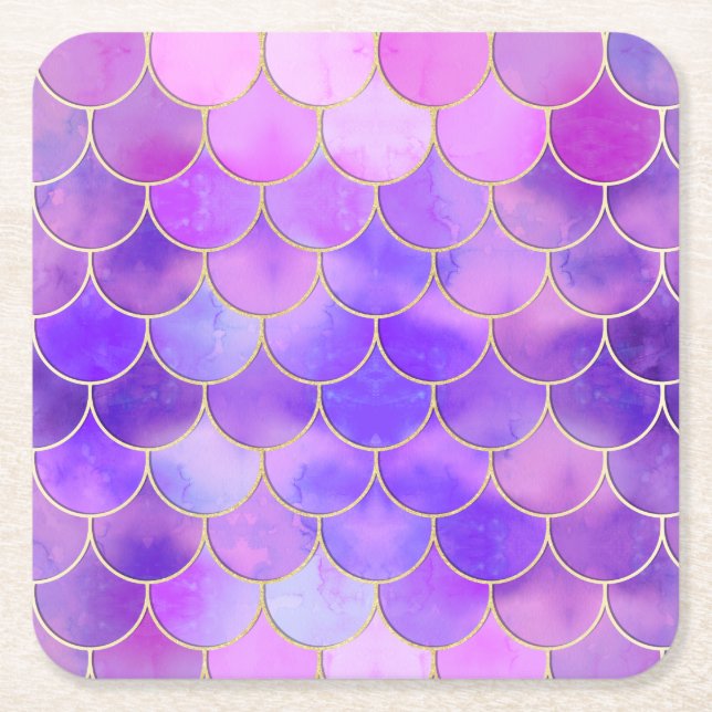Ultra Violet & Gold Mermaid Scale Pattern Square Paper Coaster (Front)
