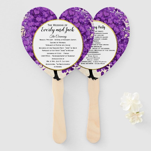 Ultra Violet Heart Leaf Tree Wedding Program Hand Fan (Front and Back)