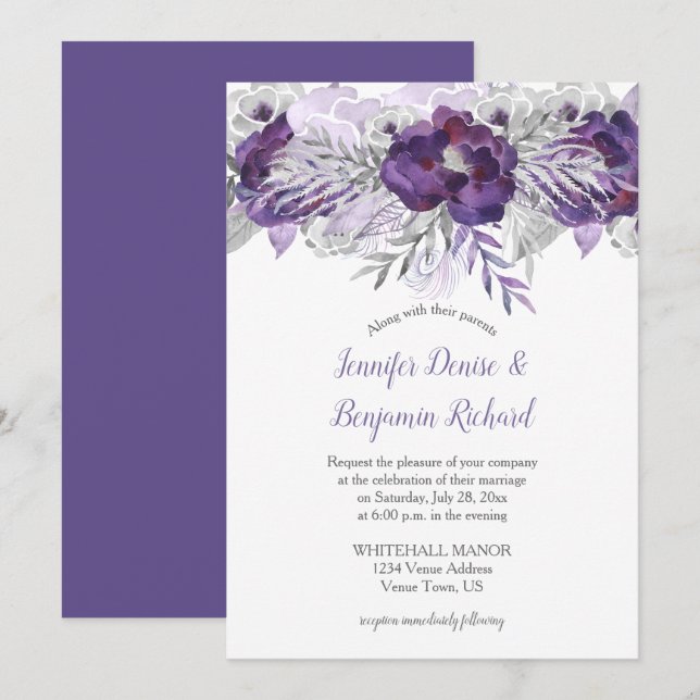 Ultra Violet Lavender Grey Floral Wedding Invite (Front/Back)