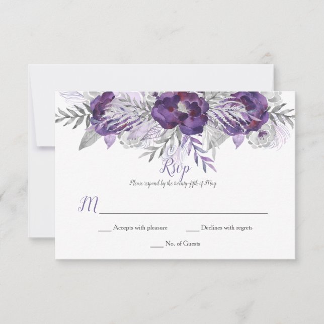 Ultra Violet Lavender Grey Watercolor Roses RSVP Card (Front)