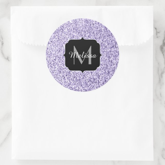 Ultra violet light purple glitter sparkle Monogram Classic Round Sticker (Bag)