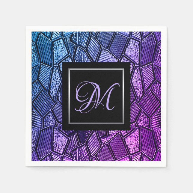 Ultra Violet Mosaic Glass Monogram Paper Napkins (Front)