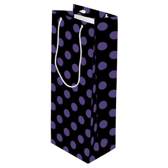 Ultra violet polka dots on black wine gift bag (Front Angled)
