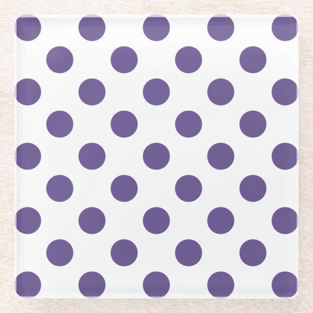 Ultra violet polka dots on white glass coaster (Front)