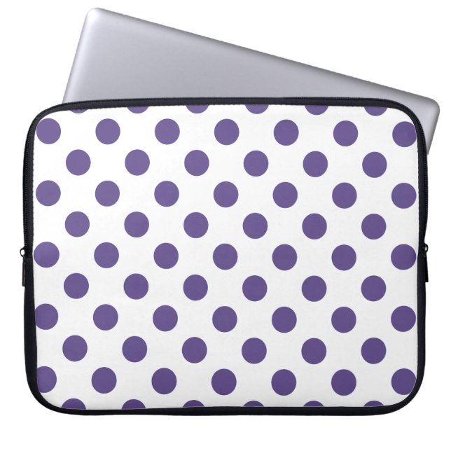 Ultra violet polka dots on white laptop sleeve (Front)