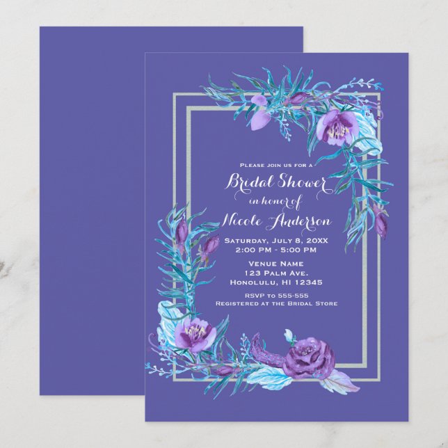 Ultra Violet Purple & Aqua Floral Bridal Shower Invitation (Front/Back)