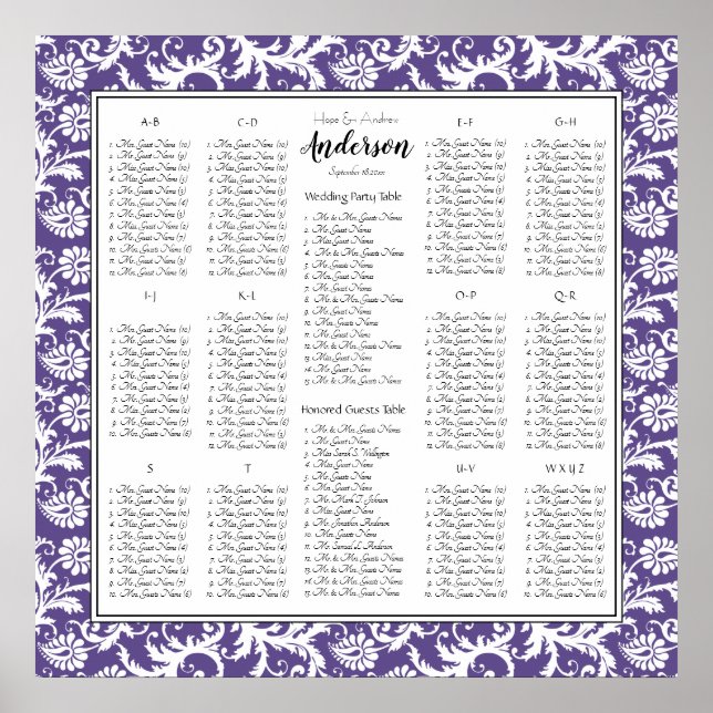 Ultra Violet Purple Damask Wedding Seating Chart (Front)