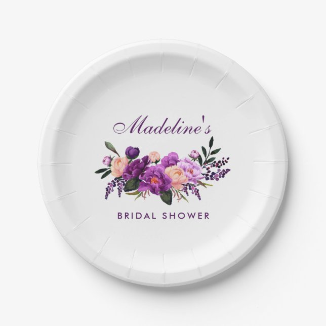Ultra Violet Purple Floral Bridal Shower Paper Plate (Front)