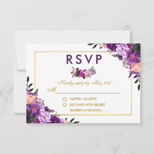 Ultra Violet Purple Floral Gold RSVP Wedding Card
