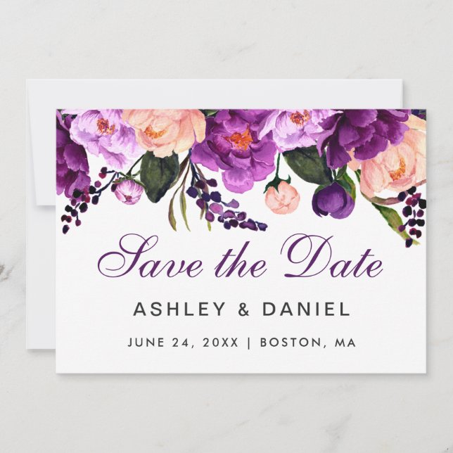 Ultra Violet Purple Floral Save The Date GP (Front)