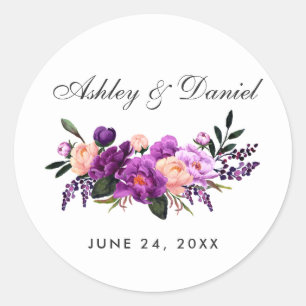 Ultra Violet Purple Floral Watercolor Wedding Classic Round Sticker