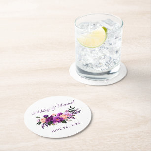 Ultra Violet Purple Floral Watercolor Wedding PS Round Paper Coaster
